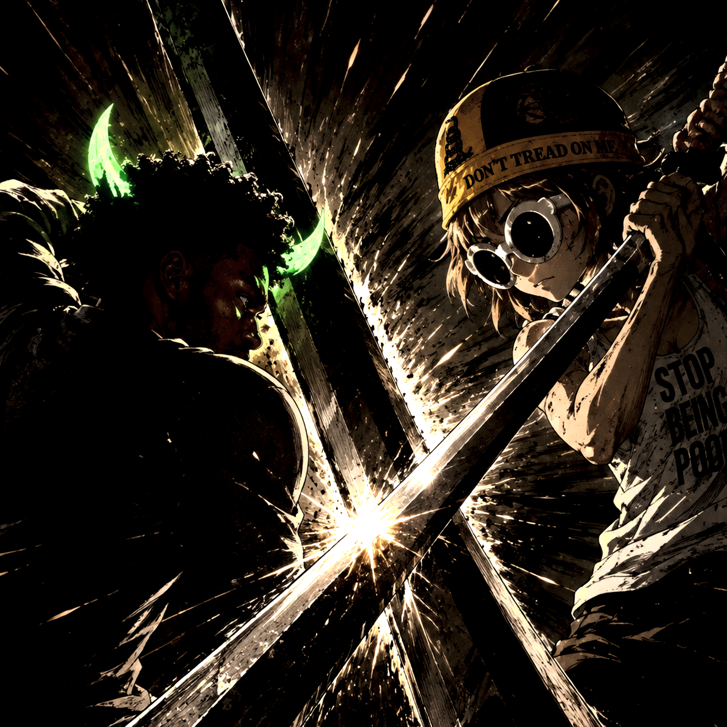Ansem and Alon clashing katanas in the dark